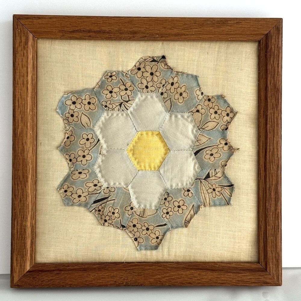 Vtg Antique Framed Grandma's Flower Garden Quilt Block Farmhouse Cottage 9” X 9”